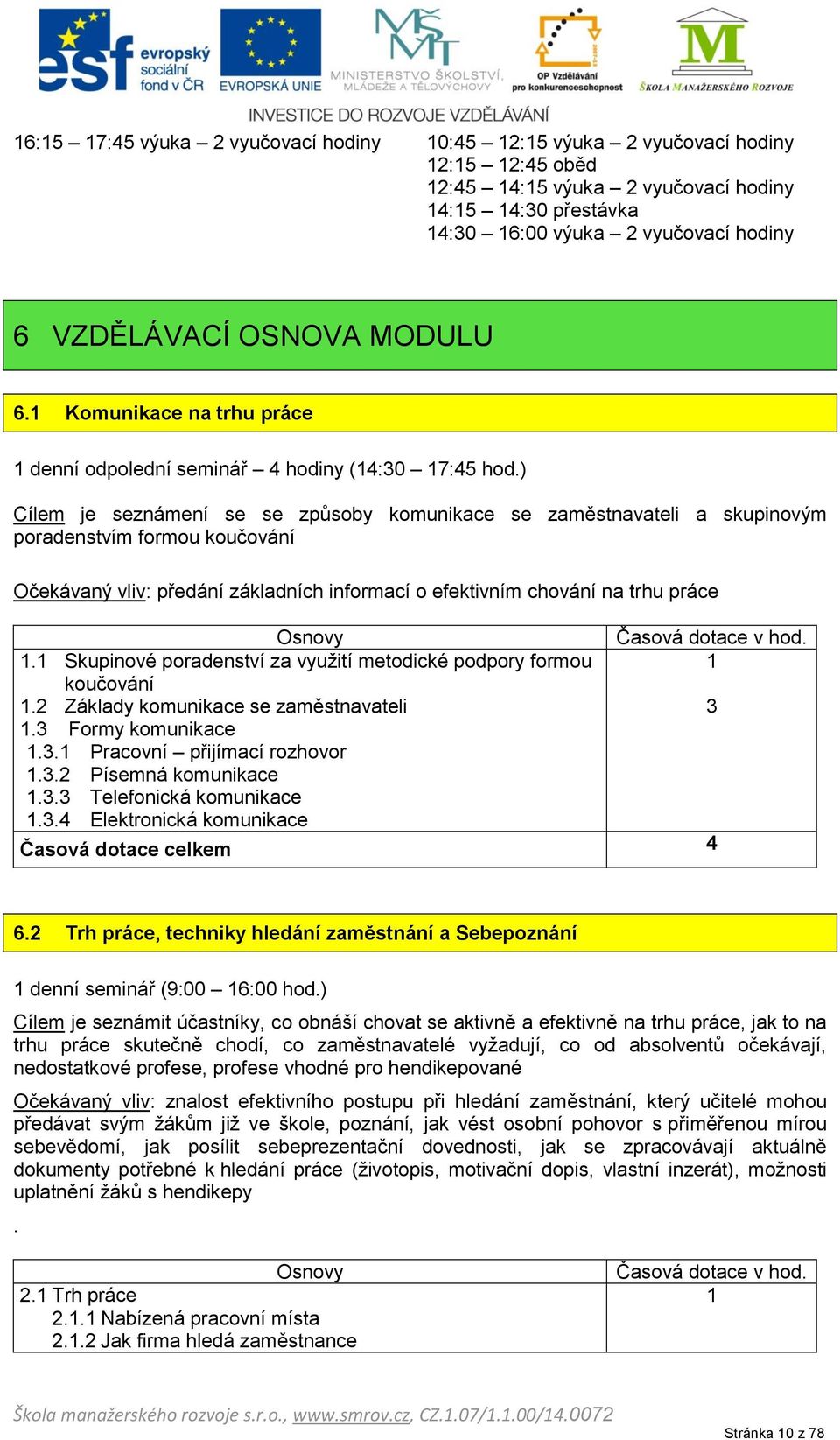 ) Cílem je seznámení se se způsoby komunikace se zaměstnavateli a skupinovým poradenstvím formou koučování Očekávaný vliv: předání základních informací o efektivním chování na trhu práce Osnovy