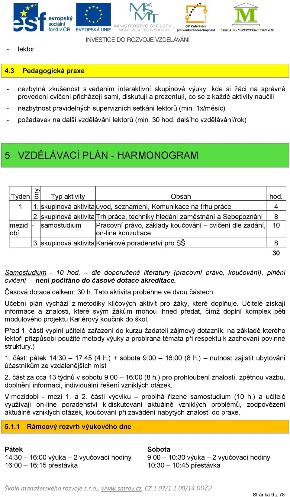 nezbytnost pravidelných supervizních setkání lektorů (min. 1x/měsíc) - požadavek na další vzdělávání lektorů (min. 30 hod.