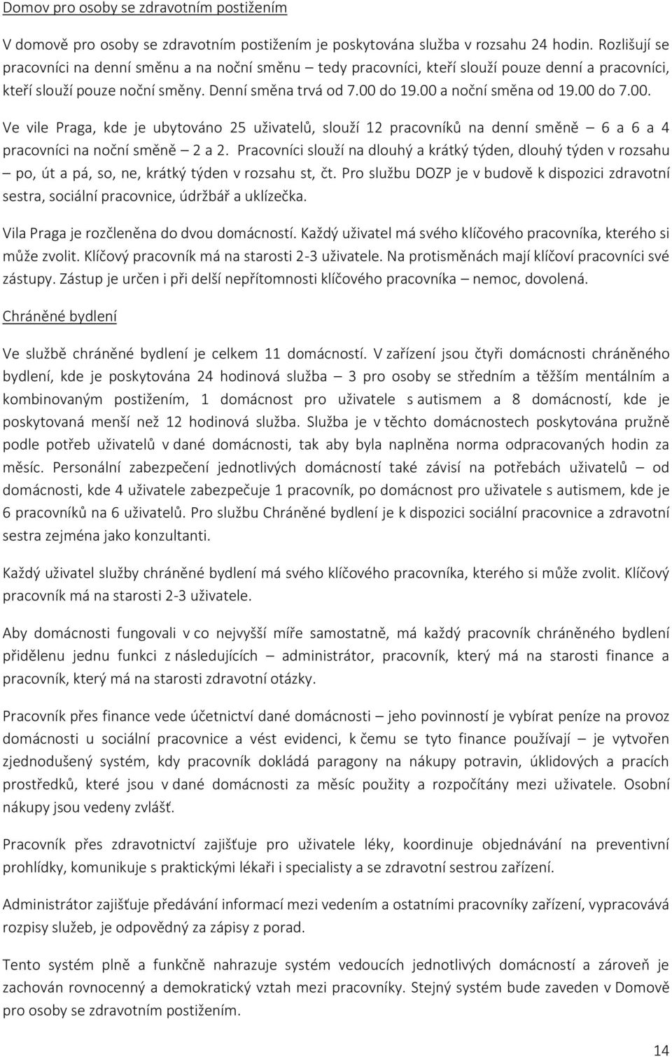 00 do 7.00. Ve vile Praga, kde je ubytováno 25 uživatelů, slouží 12 pracovníků na denní směně 6 a 6 a 4 pracovníci na noční směně 2 a 2.