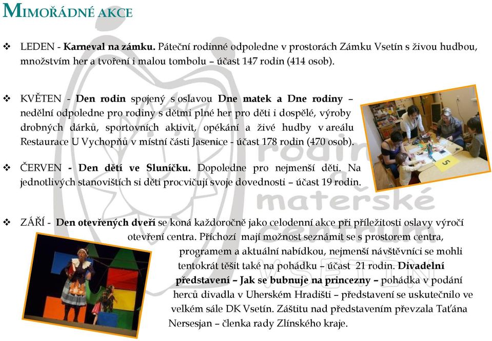 Restaurace U Vychopňů v místní části Jasenice - účast 178 rodin (470 osob). ČERVEN - Den dětí ve Sluníčku. Dopoledne pro nejmenší děti.