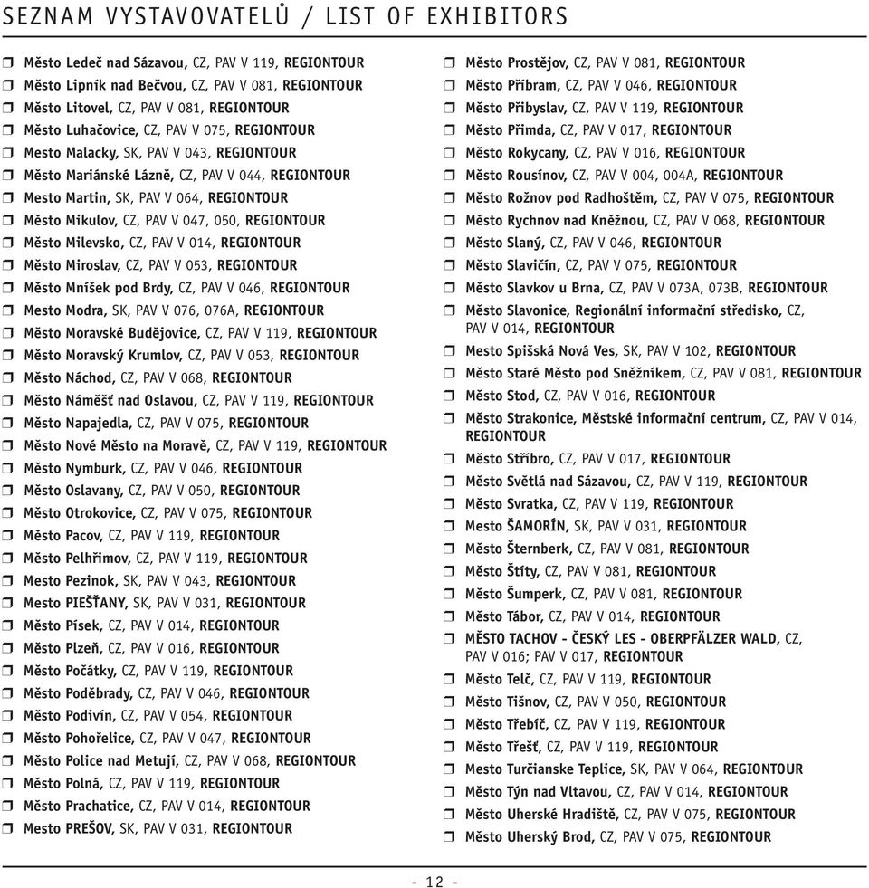 V 046, r Mesto Modra, SK, PAV V 076, 076A, r Město Moravské Budějovice, CZ, PAV V 119, r Město Moravský Krumlov, CZ, PAV V 053, r Město Náchod, CZ, PAV V 068, r Město Náměšť nad Oslavou, CZ, PAV V