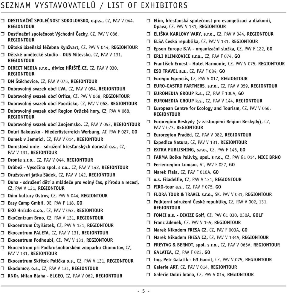 CZ, CZ, PAV V 030, r DM Štěchovice, CZ, PAV V 075, r Dobrovolný svazek obcí LVA, CZ, PAV V 054, r Dobrovolný svazek obcí Orlice, CZ, PAV V 068, r Dobrovolný svazek obcí Poorlicko, CZ, PAV V 068, r