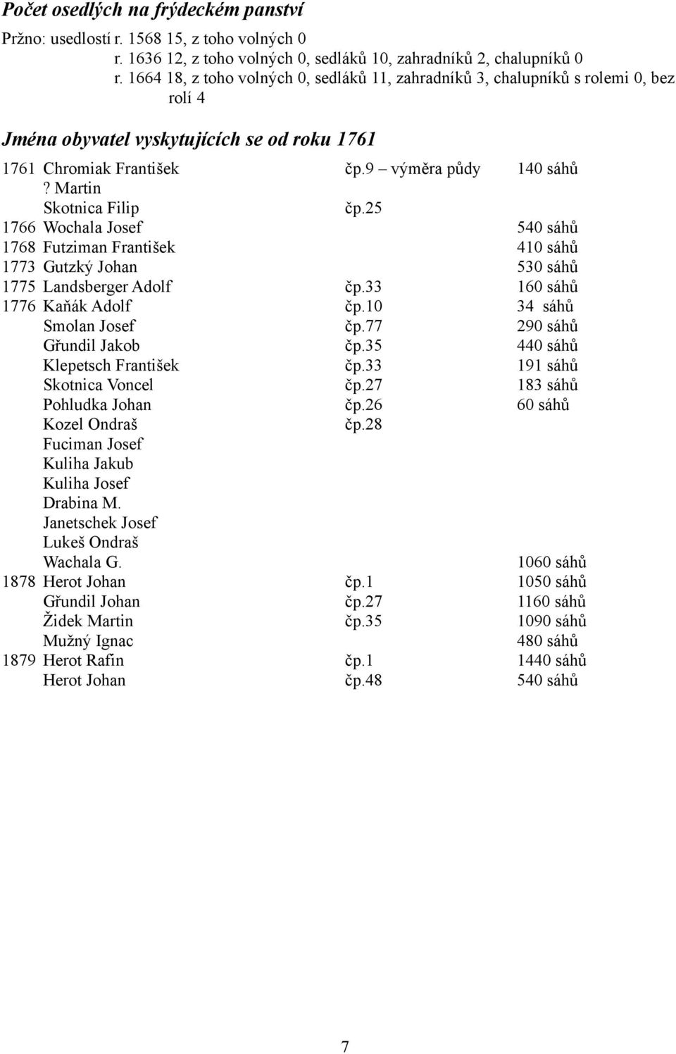 Martin Skotnica Filip čp.25 1766 Wochala Josef 540 sáhů 1768 Futziman František 410 sáhů 1773 Gutzký Johan 530 sáhů 1775 Landsberger Adolf čp.33 160 sáhů 1776 Kaňák Adolf čp.