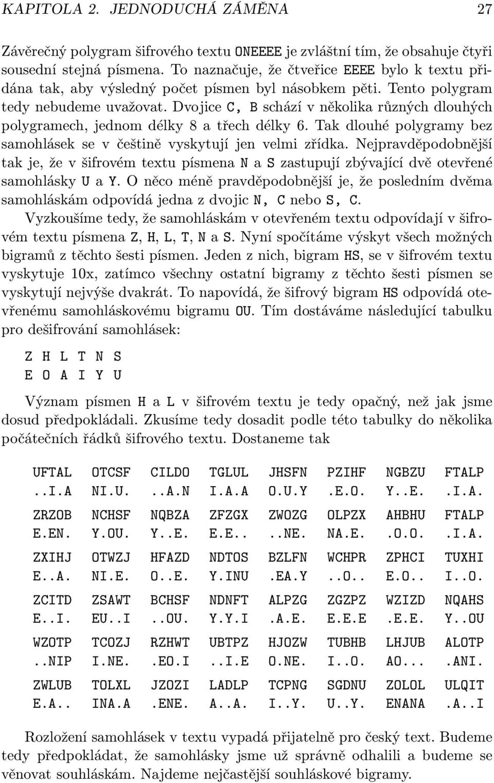 Dvojice C, B schází v několika různých dlouhých polygramech, jednom délky 8 a třech délky 6. Tak dlouhé polygramy bez samohlásek se v češtině vyskytují jen velmi zřídka.