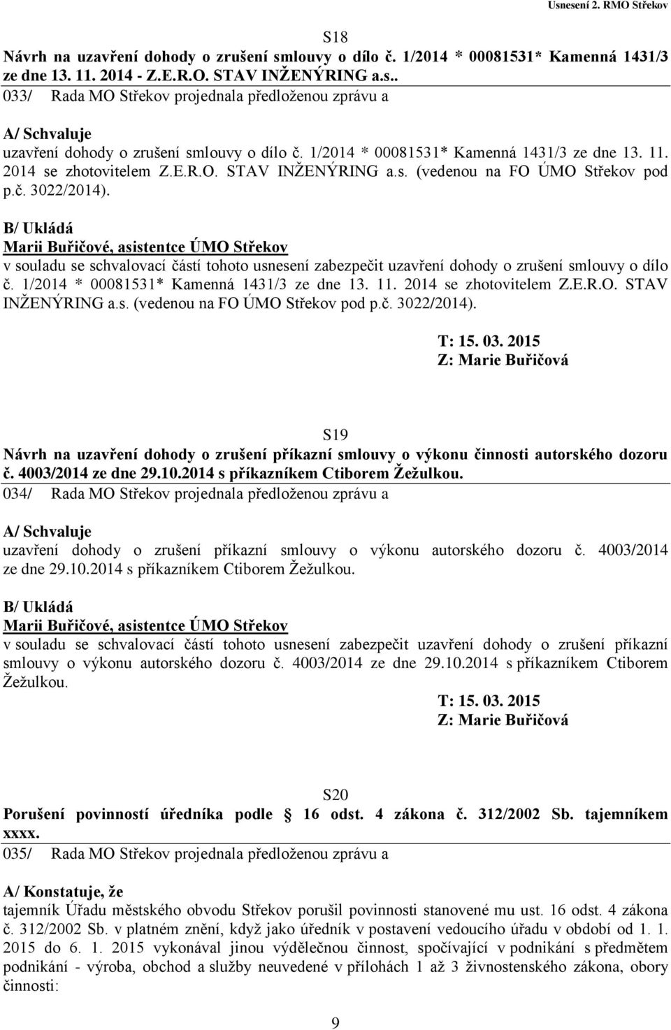 Marii Buřičové, asistentce ÚMO Střekov v souladu se schvalovací částí tohoto usnesení zabezpečit uzavření dohody o zrušení smlouvy o dílo č.  T: 15. 03.