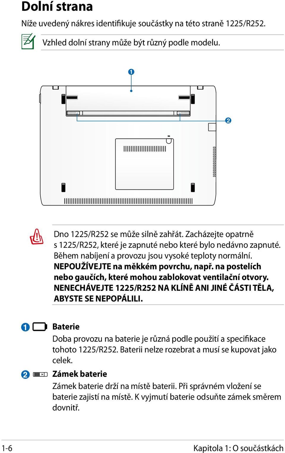 na postelích nebo gaučích, které mohou zablokovat ventilační otvory. NENECHÁVEJTE 1225/R252 NA KLÍNĚ ANI JINÉ ČÁSTI TĚLA, ABYSTE SE NEPOPÁLILI.