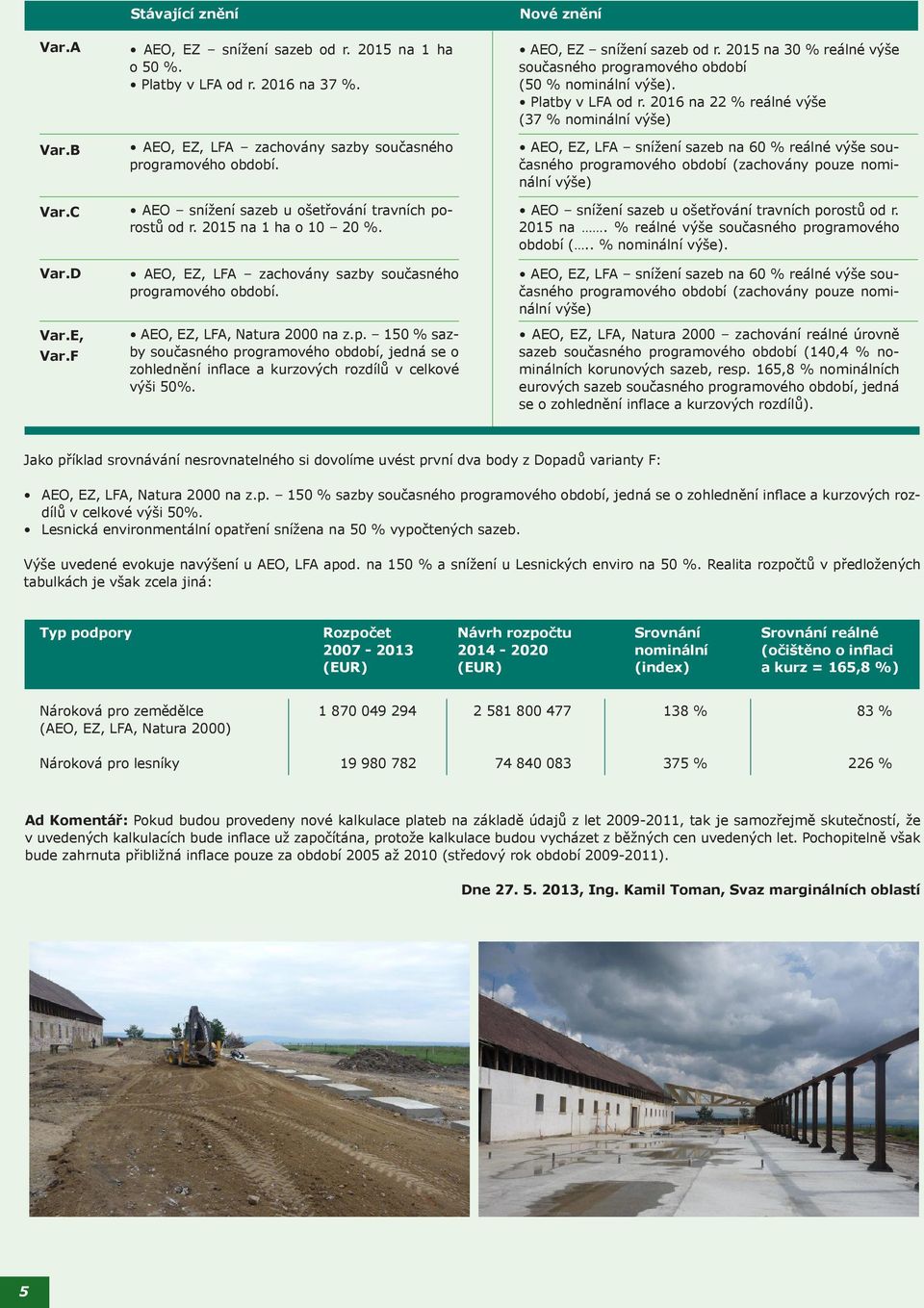 Nové znění AEO, EZ snížení sazeb od r. 2015 na 30 % reálné výše současného programového období (50 % nominální výše). Platby v LFA od r.