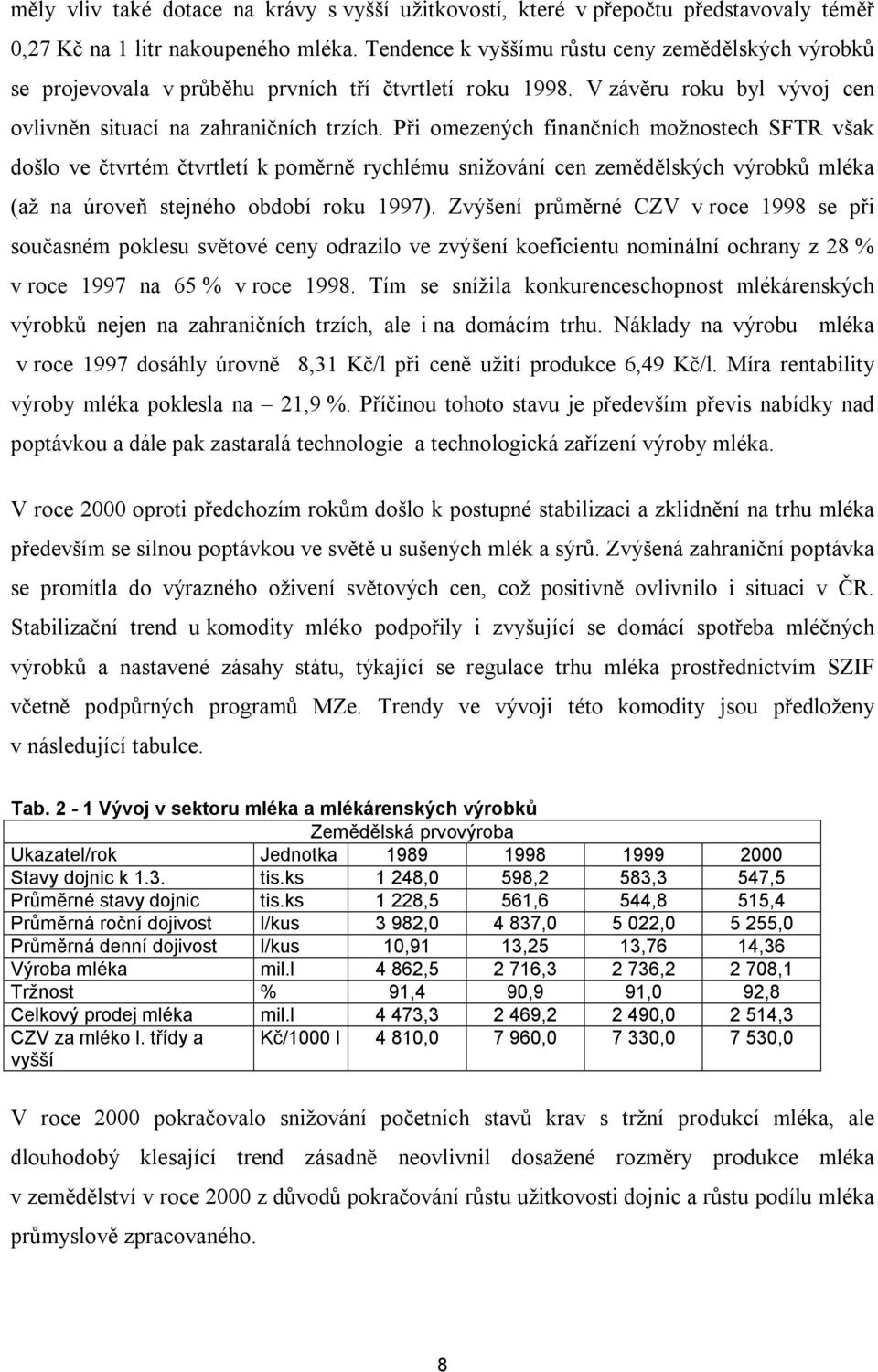 Při omezených finančních možnostech SFTR však došlo ve čtvrtém čtvrtletí k poměrně rychlému snižování cen zemědělských výrobků mléka (až na úroveň stejného období roku 1997).