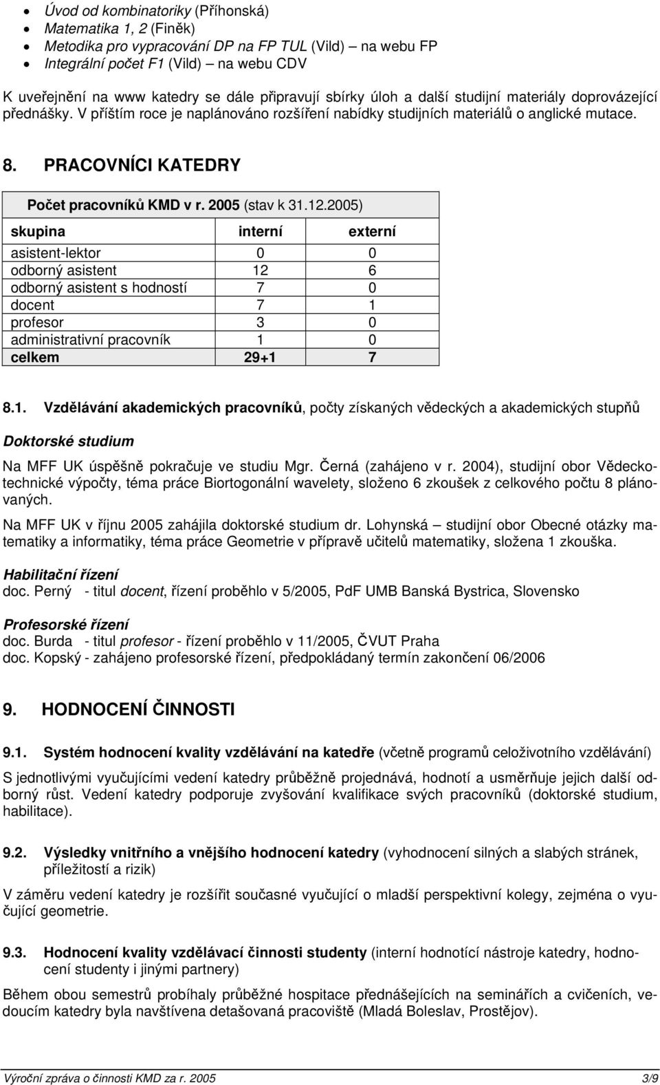 2005 (stav k 31.12.2005) skupina interní externí asistent-lektor 0 0 odborný asistent 12 6 odborný asistent s hodností 7 0 docent 7 1 profesor 3 0 administrativní pracovník 1 0 celkem 29+1 7 8.1. Vzdělávání akademických pracovníků, počty získaných vědeckých a akademických stupňů Doktorské studium Na MFF UK úspěšně pokračuje ve studiu Mgr.