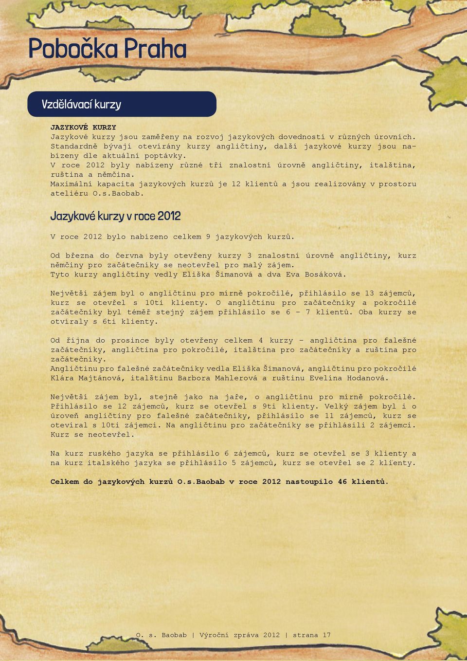 Maximální kapacita jazykových kurzů je 12 klientů a jsou realizovány v prostoru ateliéru O.s.Baobab. Jazykové kurzy v roce 2012 V roce 2012 bylo nabízeno celkem 9 jazykových kurzů.