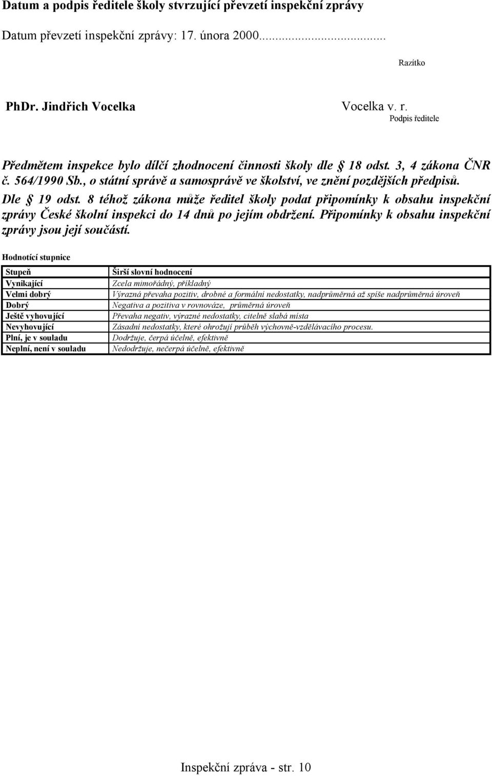 Dle 19 odst. 8 téhož zákona může ředitel školy podat připomínky k obsahu inspekční zprávy České školní inspekci do 14 dnů po jejím obdržení. Připomínky k obsahu inspekční zprávy jsou její součástí.