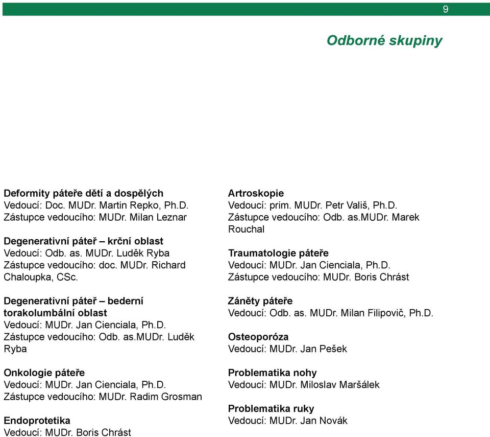 Jan Cienciala, Ph.D. Zástupce vedoucího: MUDr. Radim Grosman Endoprotetika Vedoucí: MUDr. Boris Chrást Artroskopie Vedoucí: prim. MUDr. Petr Vališ, Ph.D. Zástupce vedoucího: Odb. as.mudr.