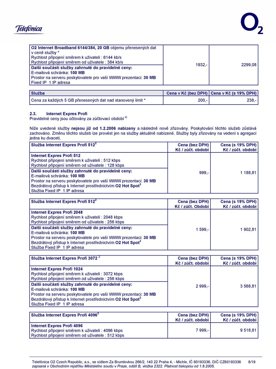 ,- 2.3. Internet Expres Profi Pravidelné ceny jsou účtovány za zúčtovací období x) Níže uvedené služby nejsou již od 1.2.2006 nabízeny a následně nově zřizovány.