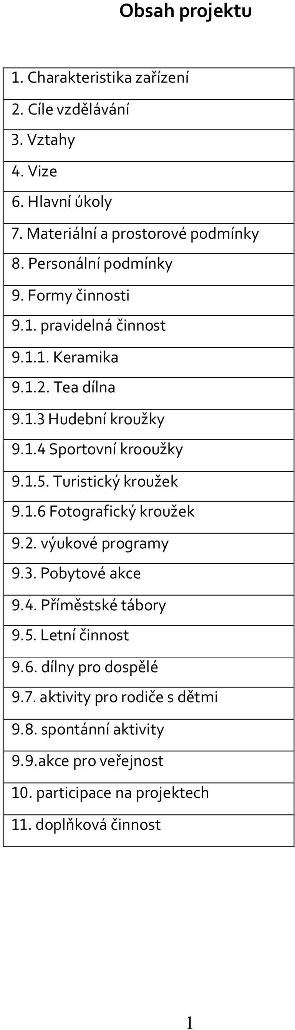 1.5. Turistický kroužek 9.1.6 Fotografický kroužek 9.2. výukové programy 9.3. Pobytové akce 9.4. Příměstské tábory 9.5. Letní činnost 9.6. dílny pro dospělé 9.