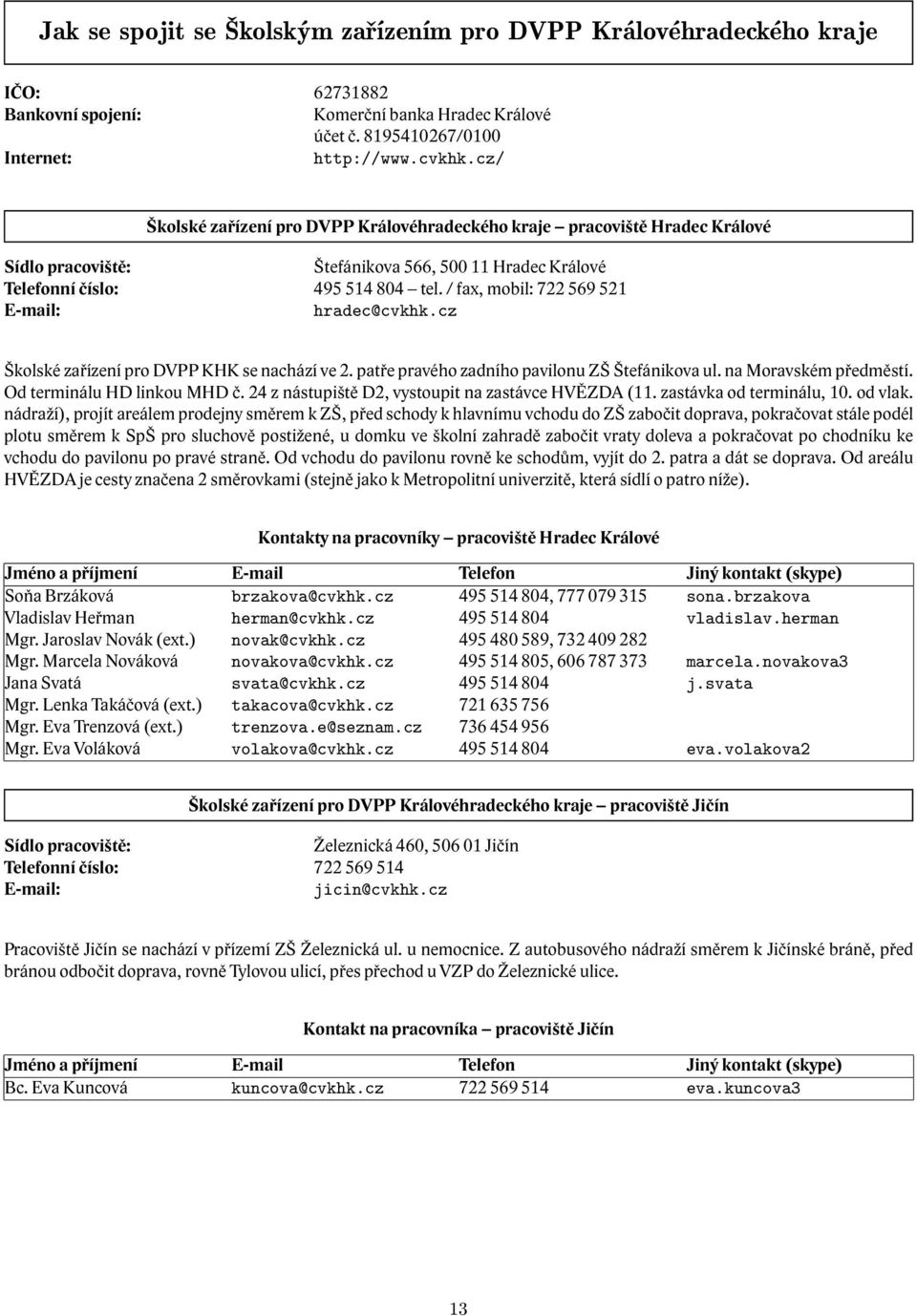 / fax, mobil: 722 569 521 E-mail: hradec@cvkhk.cz Školské zařízení pro DVPP KHK se nachází ve 2. patře pravého zadního pavilonu ZŠ Štefánikova ul. na Moravském předměstí. Od terminálu HD linkou MHD č.