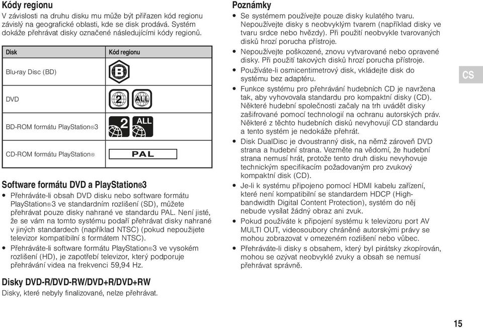 PlayStation 3 ve standardním rozlišení (SD), můžete přehrávat pouze disky nahrané ve standardu PAL.