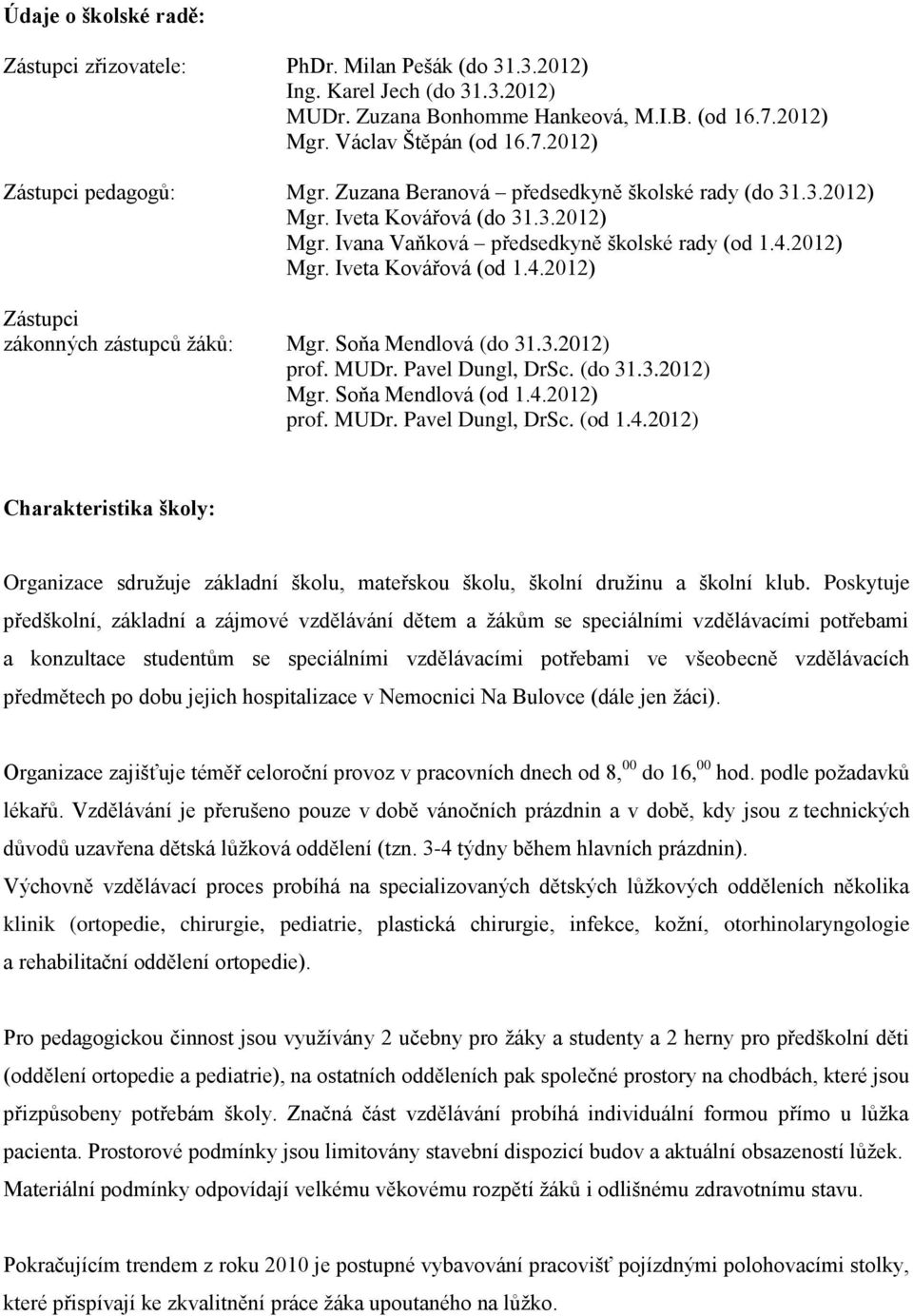 Soňa Mendlová (do 31.3.2012) prof. MUDr. Pavel Dungl, DrSc. (do 31.3.2012) Mgr. Soňa Mendlová (od 1.4.