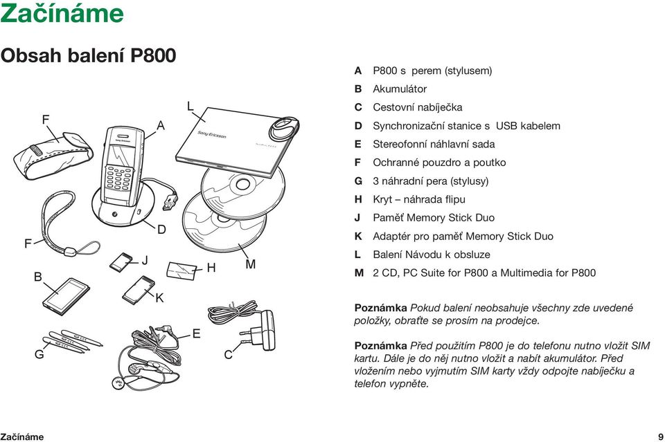 2 CD, PC Suite for P800 a Multimedia for P800 G K E C Poznámka Pokud balení neobsahuje v echny zde uvedené poloïky, obraète se prosím na prodejce.