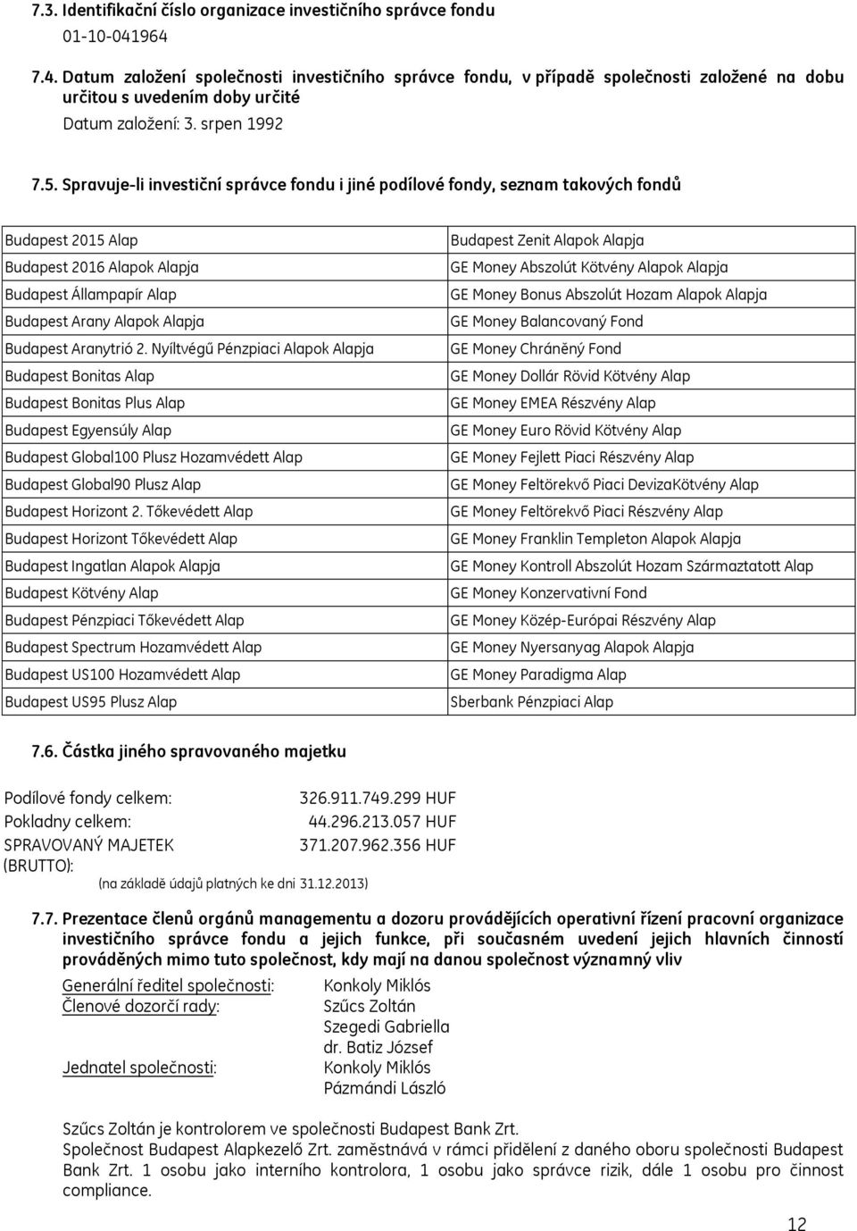 Spravuje-li investiční správce fondu i jiné podílové fondy, seznam takových fondů Budapest 2015 Alap Budapest 2016 Alapok Alapja Budapest Állampapír Alap Budapest Arany Alapok Alapja Budapest