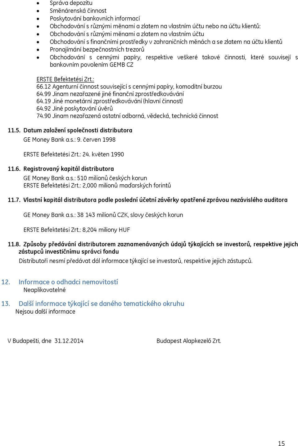 souvisejí s bankovním povolením GEMB CZ ERSTE Befektetési Zrt.: 66.12 Agenturní činnost související s cennými papíry, komoditní burzou 64.99 Jinam nezařazené jiné finanční zprostředkovávání 64.