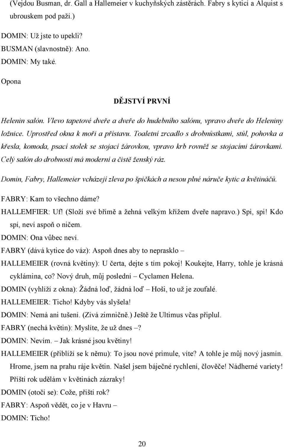 Toaletní zrcadlo s drobnůstkami, stůl, pohovka a křesla, komoda, psací stolek se stojací žárovkou, vpravo krb rovněž se stojacími žárovkami. Celý salón do drobností má moderní a čistě ženský ráz.