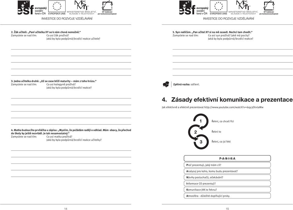 Zamyslete se nad tím: Co asi kolegyně prožívá? Jaká by byla podpůrná/brzdící reakce? Zpětná vazba: sdílení. 4. Zásady efektivní komunikace a prezentace Jak efektivně a efektně prezentovat http://www.