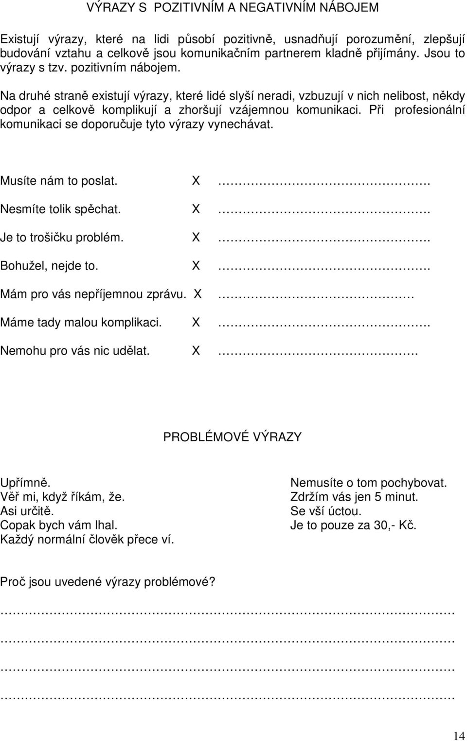 Při profesionální komunikaci se doporučuje tyto výrazy vynechávat. Musíte nám to poslat. X. Nesmíte tolik spěchat. X. Je to trošičku problém. X. Bohužel, nejde to. X. Mám pro vás nepříjemnou zprávu.