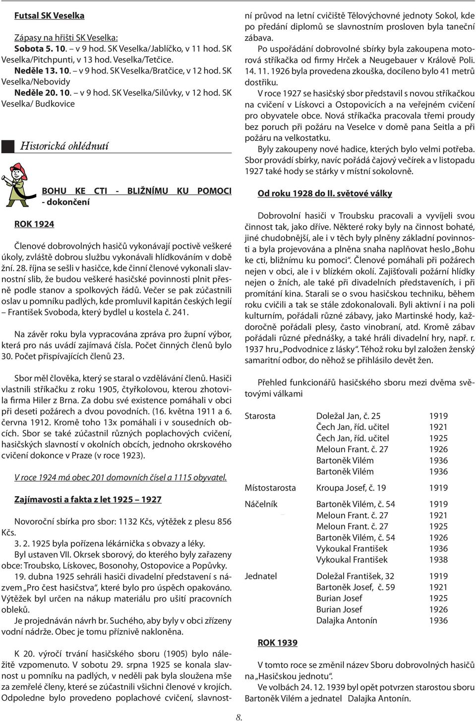 SK Veselka/ Budkovice Historická ohlédnutí ROK 1924 BOHU KE CTI - BLIŽNÍMU KU POMOCI - dokončení Členové dobrovolných hasičů vykonávají poctivě veškeré úkoly, zvláště dobrou službu vykonávali