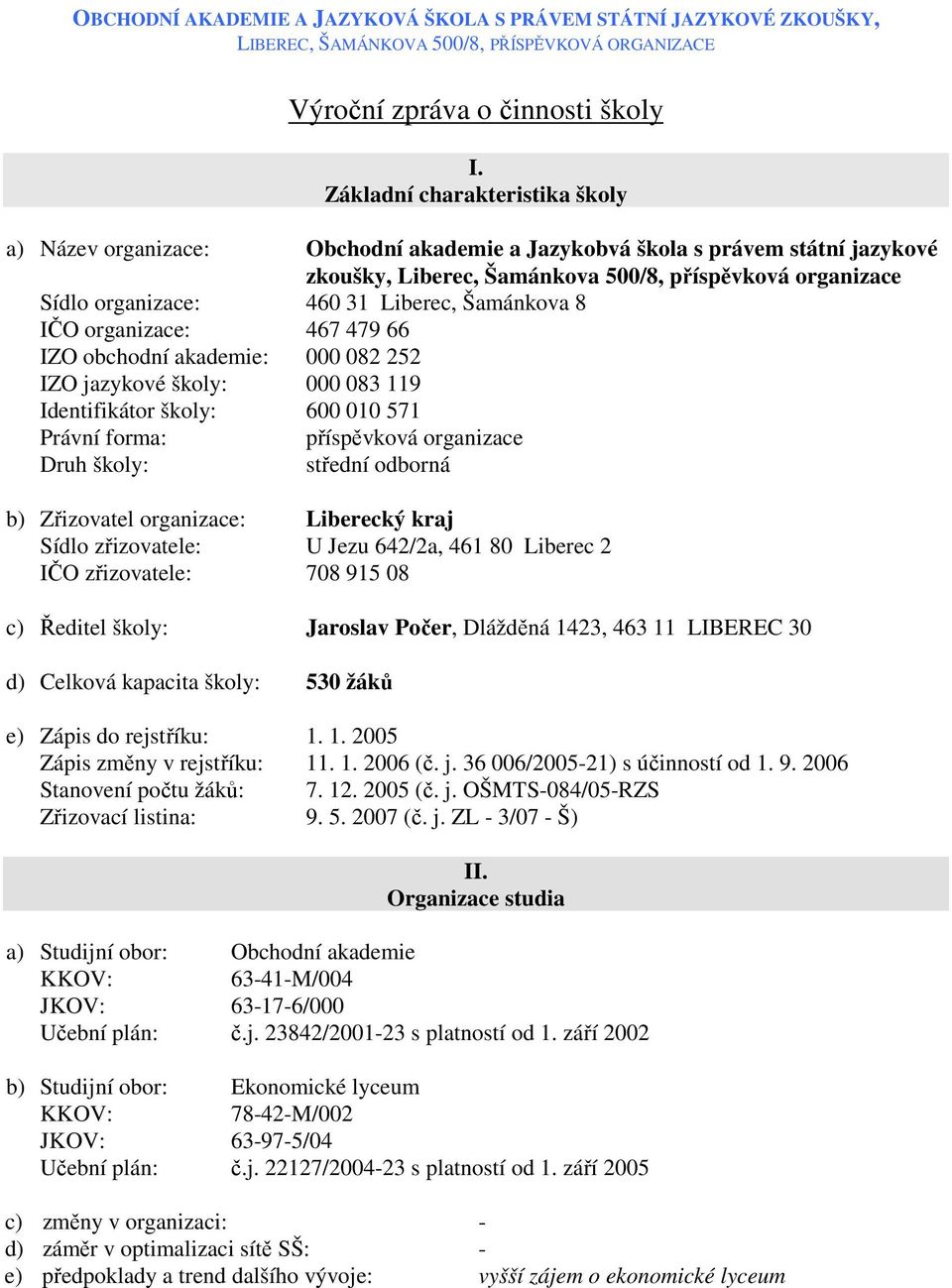 Liberec, Šamánkova 8 IČO organizace: 467 479 66 IZO obchodní akademie: 000 082 252 IZO jazykové školy: 000 083 119 Identifikátor školy: 600 010 571 Právní forma: příspěvková organizace Druh školy: