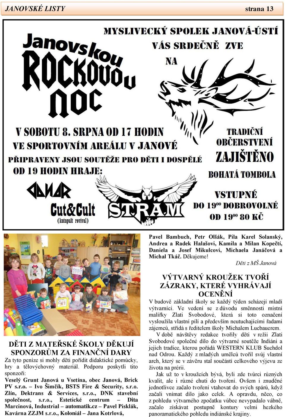 Podporu poskytli tito sponzoři: Veselý Grunt Janová u Vsetína, obec Janová, Brick PV s.r.o. Ivo Šimčík, BSTS Fire & Security, s.r.o. Zlín, Dektrans & Services, s.r.o., DNK stavební společnost, s.r.o., Estetické centrum Dita Marcinová, Industrial automatik.