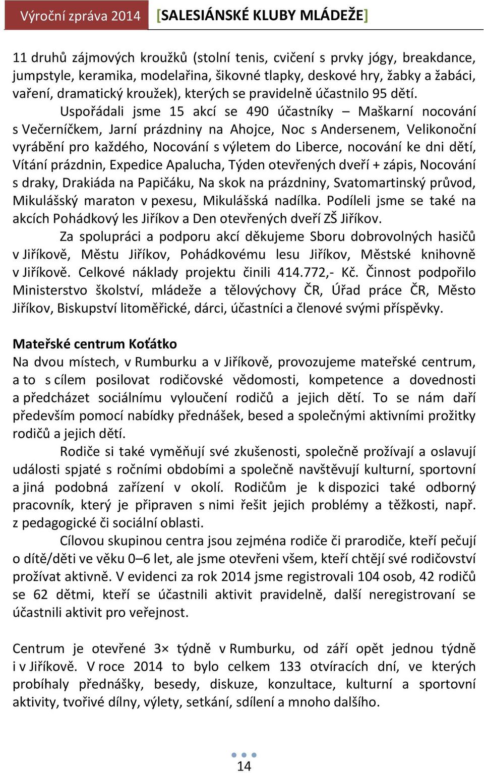 Uspořádali jsme 15 akcí se 490 účastníky Maškarní nocování s Večerníčkem, Jarní prázdniny na Ahojce, Noc s Andersenem, Velikonoční vyrábění pro každého, Nocování s výletem do Liberce, nocování ke dni