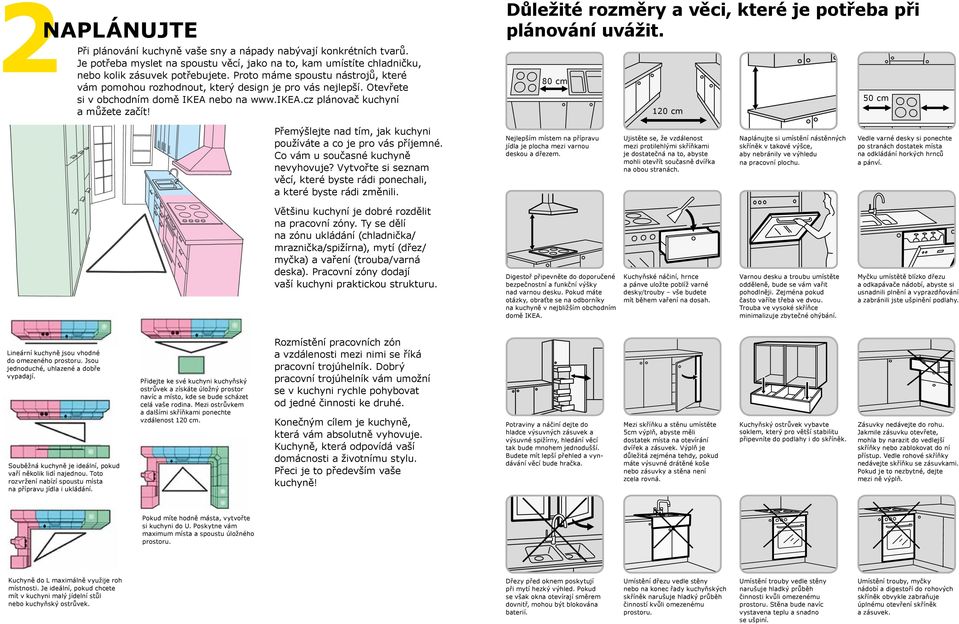 Důležité rozměry a věci, které je potřeba při plánování uvážit. 80 cm 120 cm 50 cm Přemýšlejte nad tím, jak kuchyni používáte a co je pro vás příjemné. Co vám u současné kuchyně nevyhovuje?