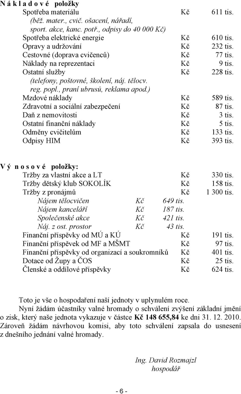 , praní ubrusů, reklama apod.) Mzdové náklady Kč 589 tis. Zdravotní a sociální zabezpečení Kč 87 tis. Daň z nemovitosti Kč 3 tis. Ostatní finanční náklady Kč 5 tis. Odměny cvičitelům Kč 133 tis.