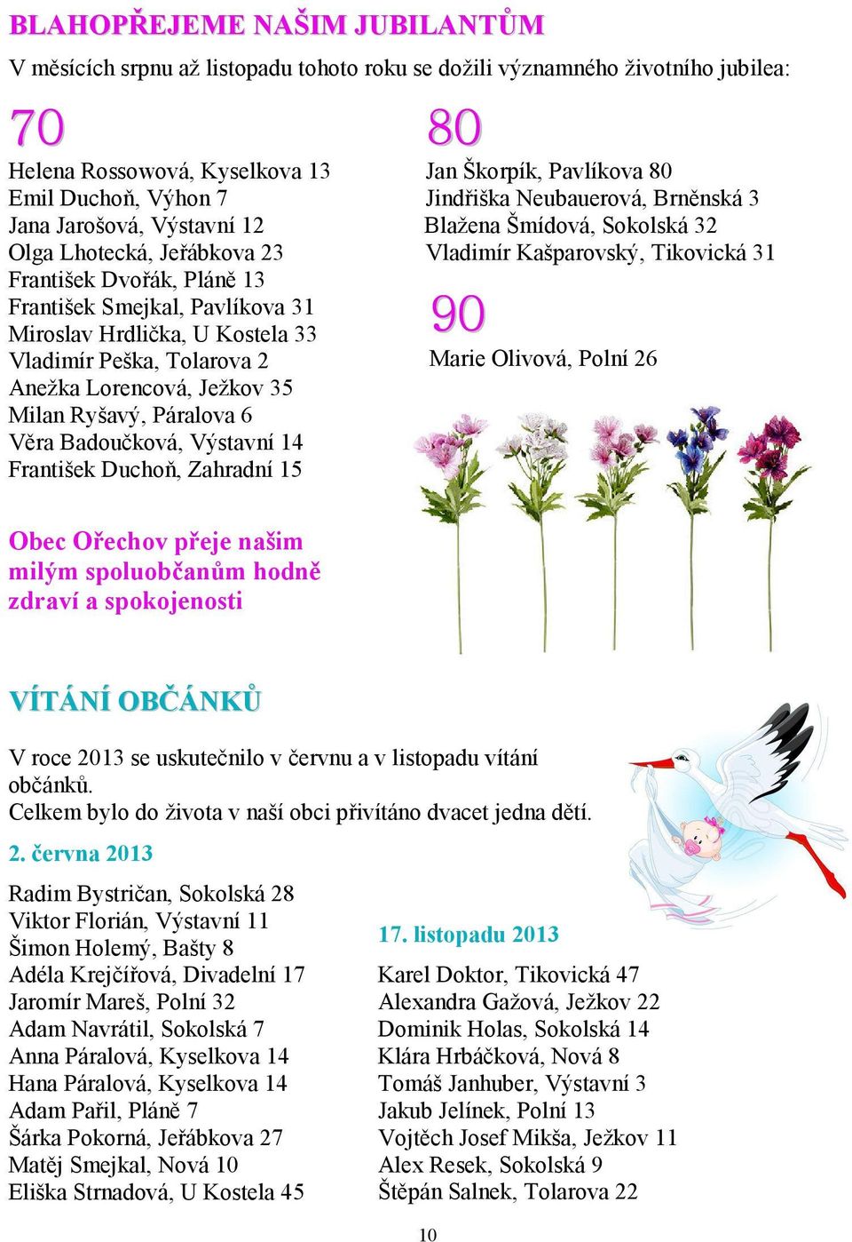 Pavlíkova 31 Miroslav Hrdlička, U Kostela 33 Vladimír Peška, Tolarova 2 Anežka Lorencová, Ježkov 35 Milan Ryšavý, Páralova 6 Věra Badoučková, Výstavní 14 František Duchoň, Zahradní 15 Obec Ořechov