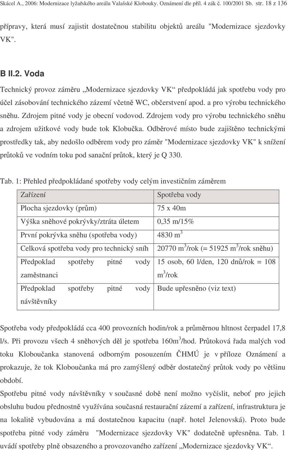 Voda Technický provoz zámru Modernizace sjezdovky VK pedpokládá jak spotebu vody pro úel zásobování technického zázemí vetn WC, oberstvení apod. a pro výrobu technického snhu.