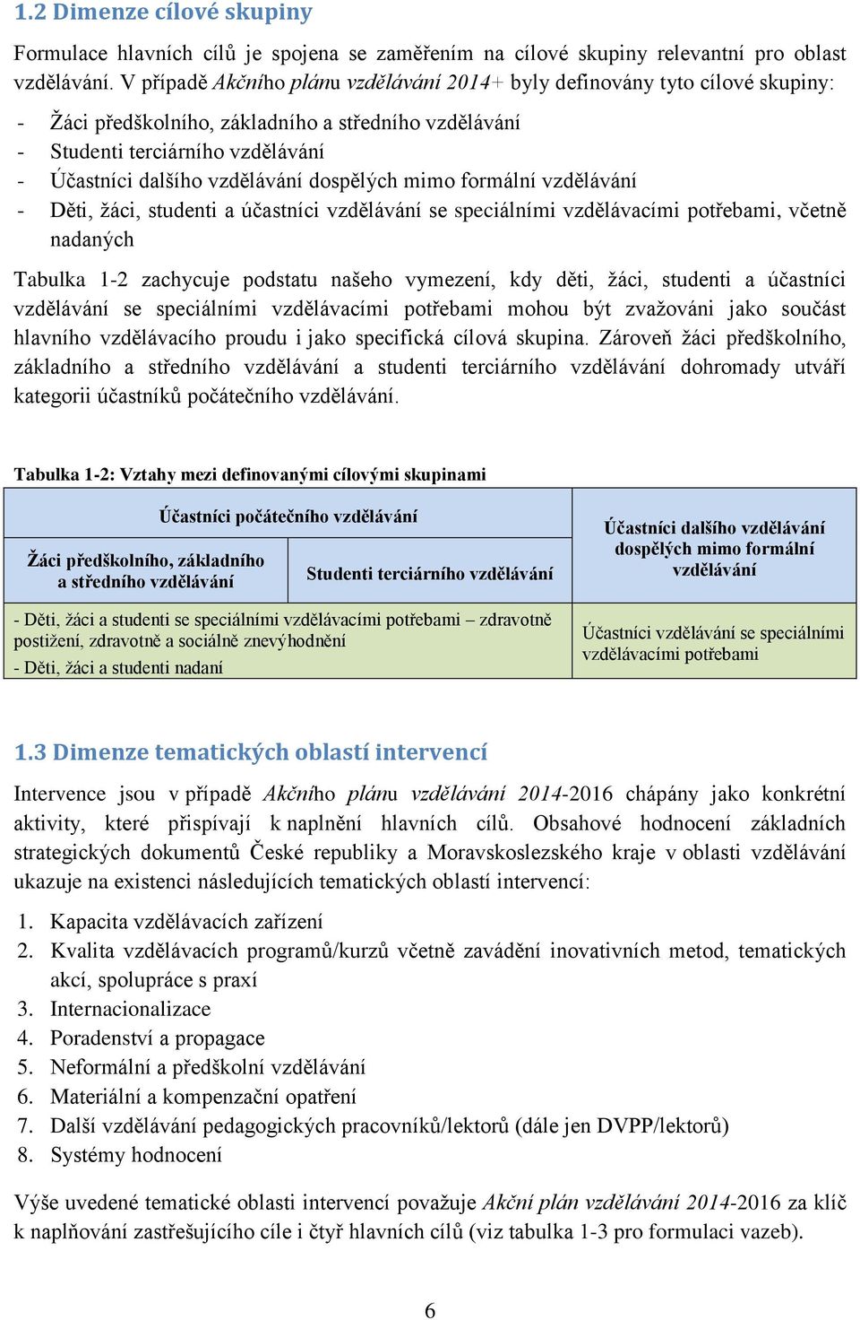 dospělých mimo formální vzdělávání - Děti, žáci, studenti a účastníci vzdělávání se speciálními vzdělávacími potřebami, včetně nadaných Tabulka 1-2 zachycuje podstatu našeho vymezení, kdy děti, žáci,