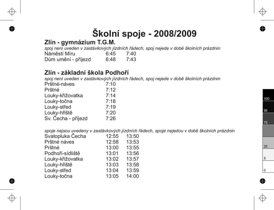 uveden v zastávkových jízdních řádech, spoj nejede v době školních prázdnin Prštné-náves 7:1 Prštné 7:12 Louky-křižovatka 7:14 Louky-točna 7:18 Louky-střed 7:19 Louky-hřiště