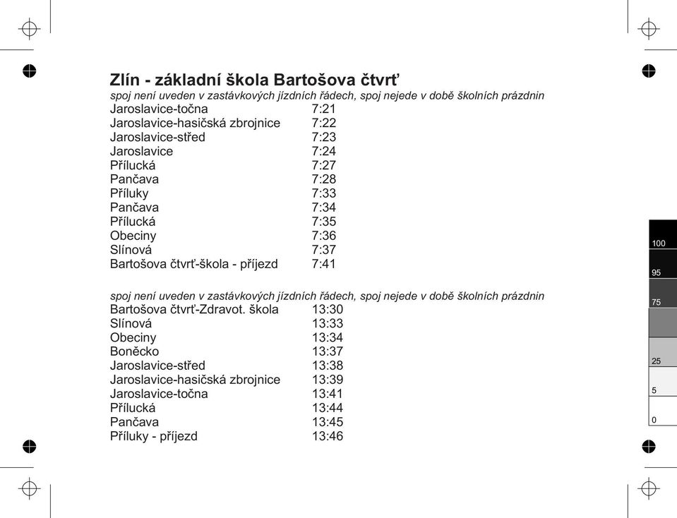 7:37 Bartošova čtvrť-škola - příjezd 7:41 spoj není uveden v zastávkových jízdních řádech, spoj nejede v době školních prázdnin Bartošova čtvrť-zdravot.