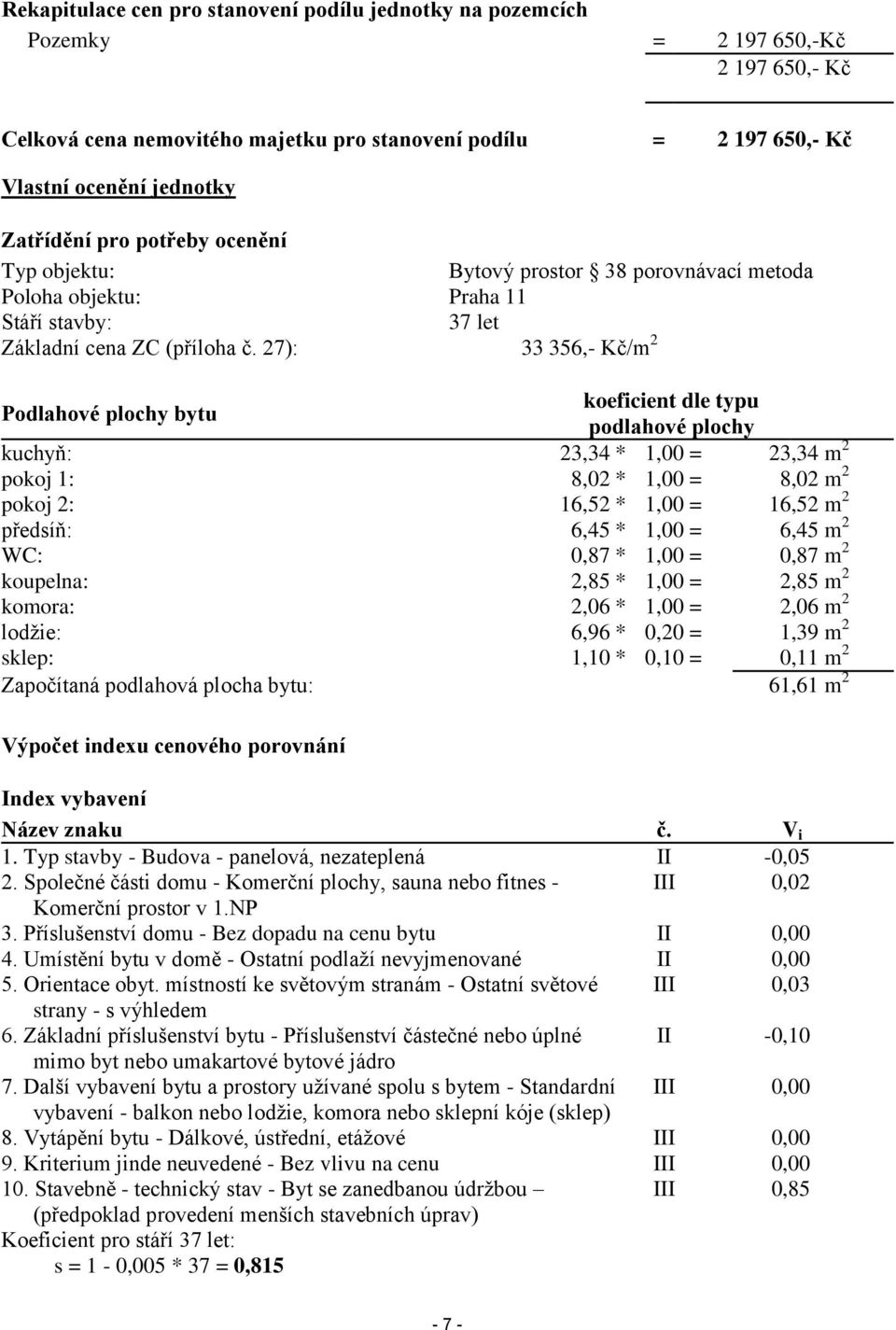 27): 33 356,- Kč/m 2 Podlahové plochy bytu koeficient dle typu podlahové plochy kuchyň: 23,34 * 1,00 = 23,34 m 2 pokoj 1: 8,02 * 1,00 = 8,02 m 2 pokoj 2: 16,52 * 1,00 = 16,52 m 2 předsíň: 6,45 * 1,00