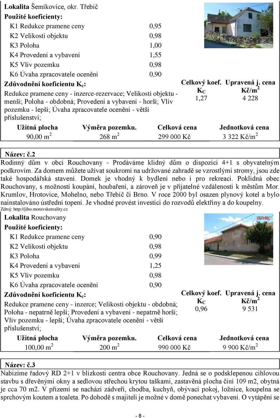 koeficientu K c : Redukce pramene ceny - inzerce-rezervace; Velikosti objektu - menší; Poloha - obdobná; Provedení a vybavení - horší; Vliv pozemku - lepší; Úvaha zpracovatele ocenění - větší