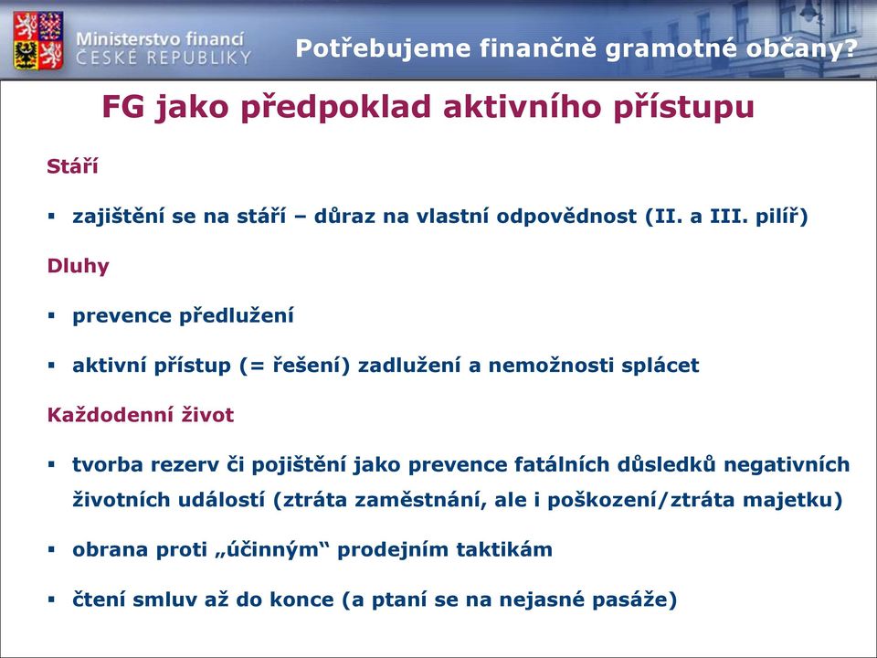 pilíř) Dluhy prevence předlužení aktivní přístup (= řešení) zadlužení a nemožnosti splácet Každodenní život tvorba rezerv