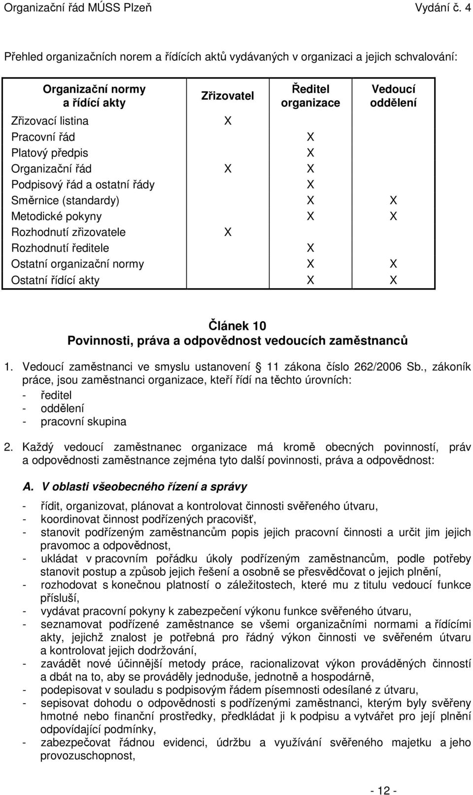 Ostatní řídící akty X X Článek 10 Povinnosti, práva a odpovědnost vedoucích zaměstnanců 1. Vedoucí zaměstnanci ve smyslu ustanovení 11 zákona číslo 262/2006 Sb.