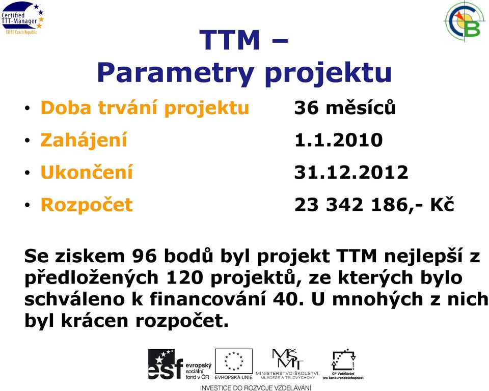 2012 Rozpočet 23 342 186,- Kč Se ziskem 96 bodů byl projekt TTM