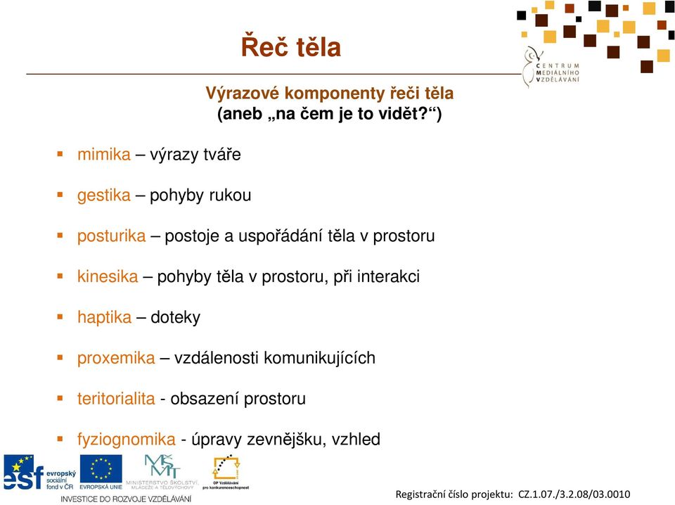 ) posturika postoje a uspořádání těla v prostoru kinesika pohyby těla v prostoru,