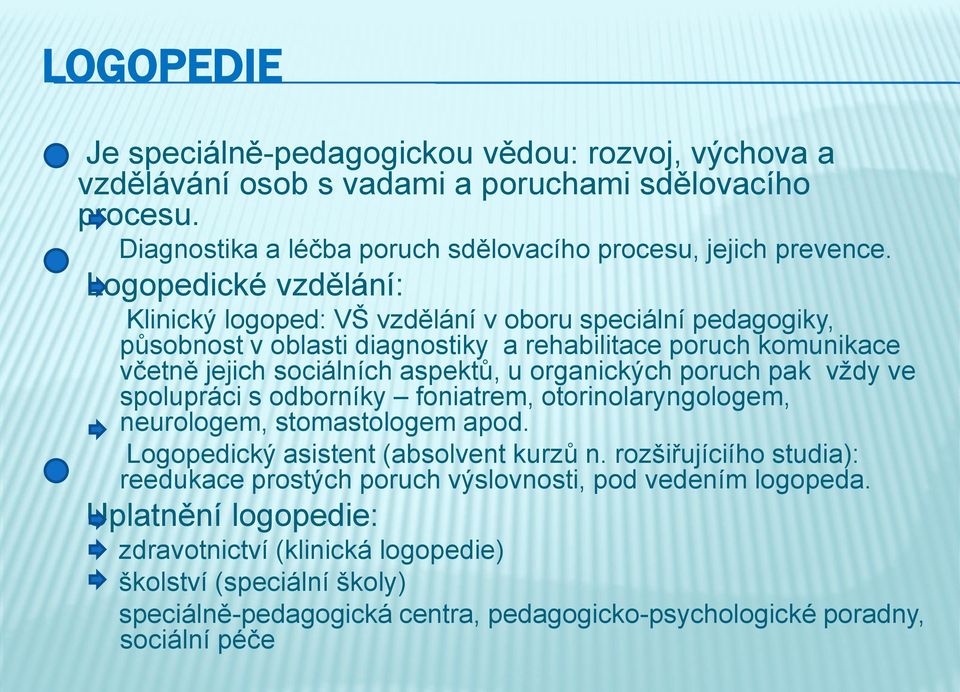 organických poruch pak vždy ve spolupráci s odborníky foniatrem, otorinolaryngologem, neurologem, stomastologem apod. Logopedický asistent (absolvent kurzů n.