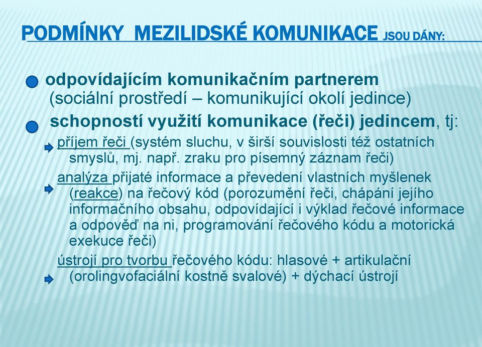 zraku pro písemný záznam řeči) analýza přijaté informace a převedení vlastních myšlenek (reakce) na řečový kód (porozumění řeči, chápání jejího informačního