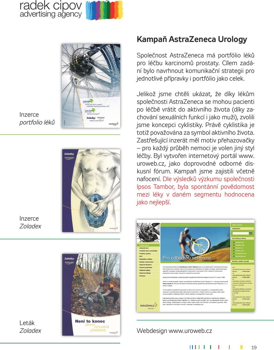 Inzerce portfolio léků Jelikož jsme chtěli ukázat, že díky lékům společnosti AstraZeneca se mohou pacienti po léčbě vrátit do aktivního života (díky zachování sexuálních funkcí i jako muži), zvolili