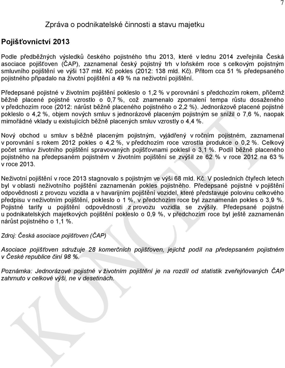 Předepsané pojistné v životním pojištění pokleslo o 1,2 % v porovnání s předchozím rokem, přičemž běžně placené pojistné vzrostlo o 0,7 %, což znamenalo zpomalení tempa růstu dosaženého v předchozím