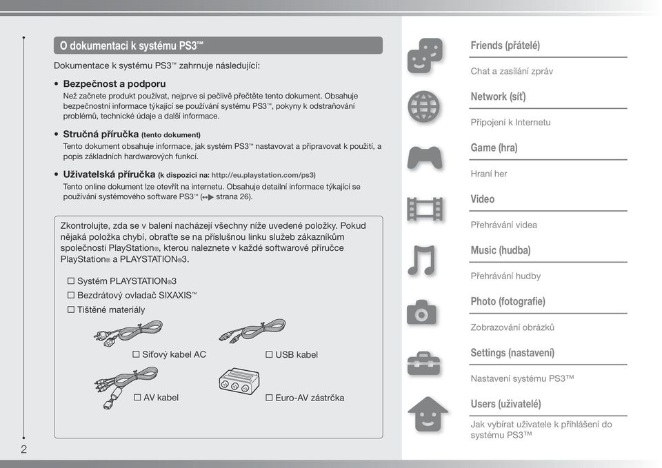 Stručná příručka (tento dokument) Tento dokument obsahuje informace, jak systém PS3 nastavovat a připravovat k použití, a popis základních hardwarových funkcí.
