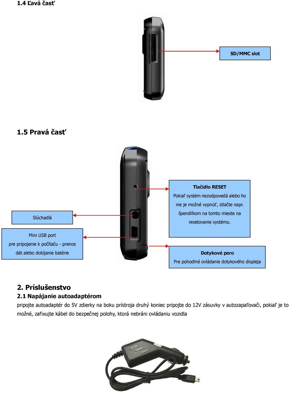 Mini USB port pre pripojenie k počítaču - prenos dát alebo dobíjanie batérie Dotykové pero Pre pohodlné ovládanie dotykového displeja 2.